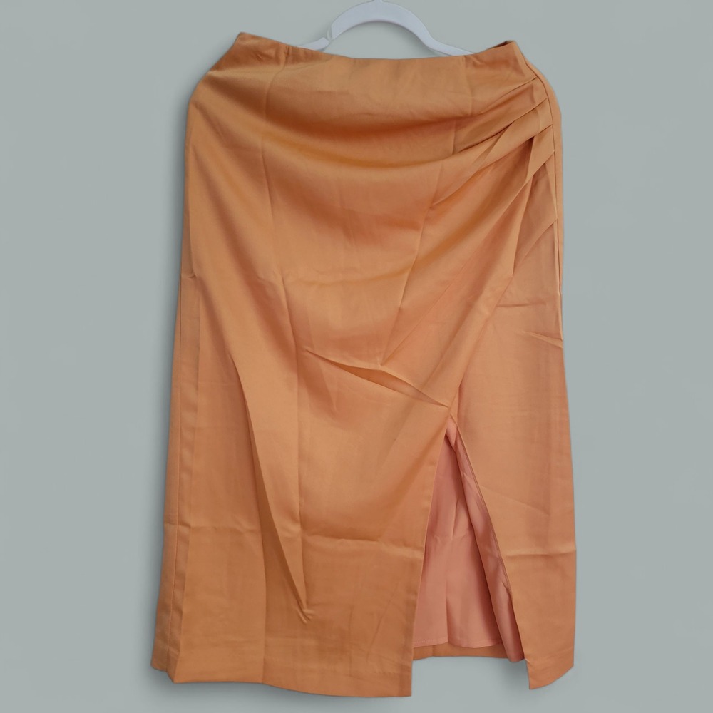 NWT Lost + Wander Satin Orange Apricot Sunset Midi Skirt Draped Side Slit Small